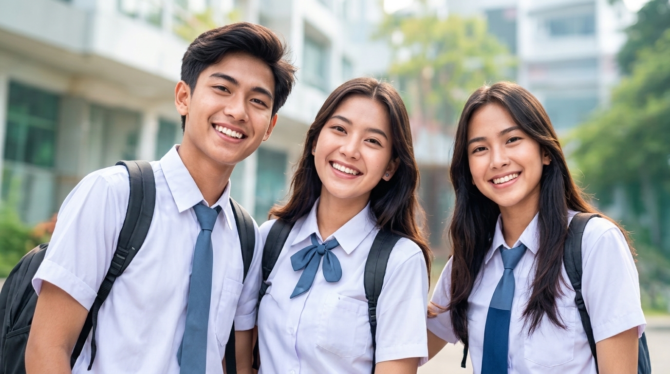Tiga Siswa SMK Tersenyum Percaya Diri